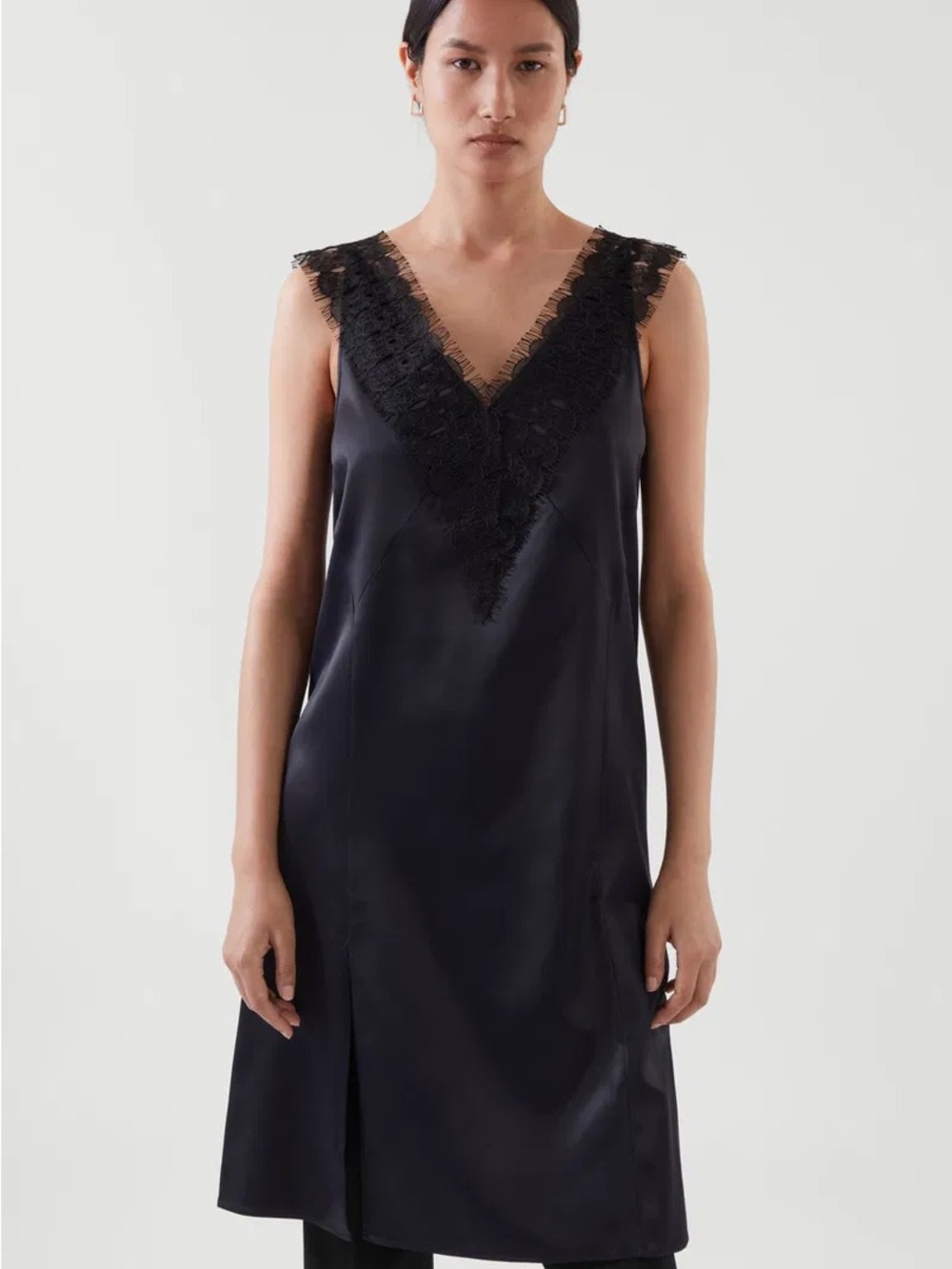COS Black Satin V-Neck Lace-Trim Slip Dress